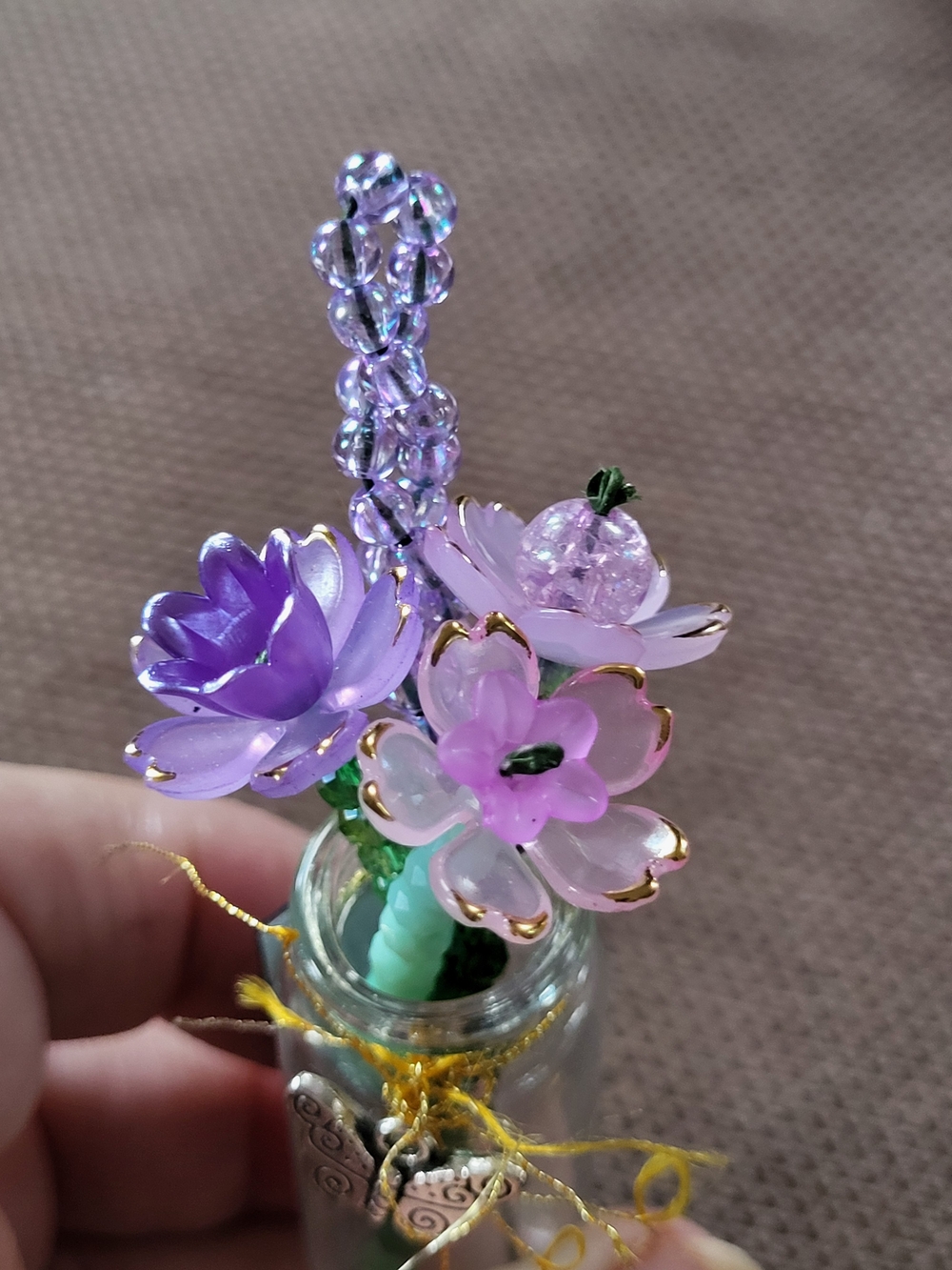Purple & Pink Beaded Flowers In A  Bottle